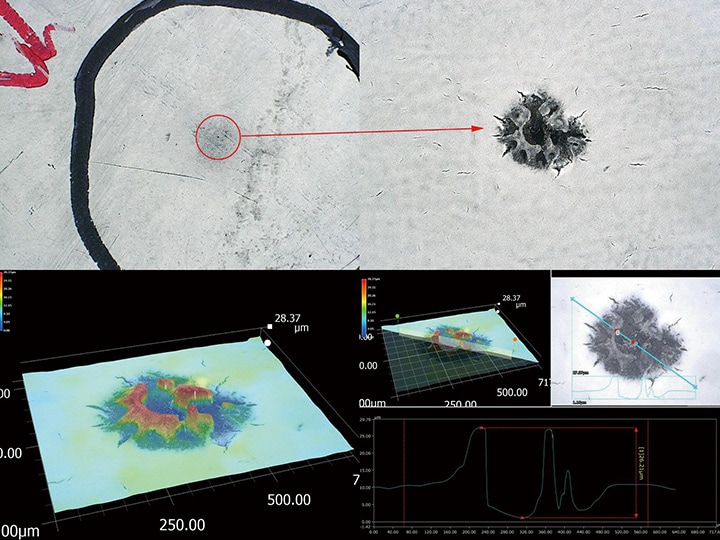 In alto: osservazione ad alto ingrandimento di un microporo; in basso: misura della forma e del profilo 3D