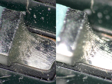 Osservazione inclinata di un giunto di saldatura Sinistra: composizione della profondità, rimozione dei bagliori, eliminazione del riflesso anulare/destra: normale