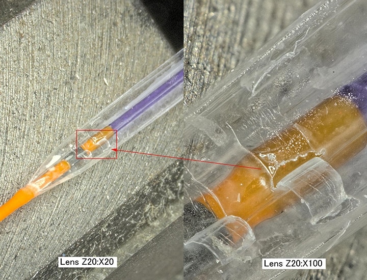 Osservazione ingrandita del catetere a palloncino: 20x (a sinistra) e 100x (a destra)